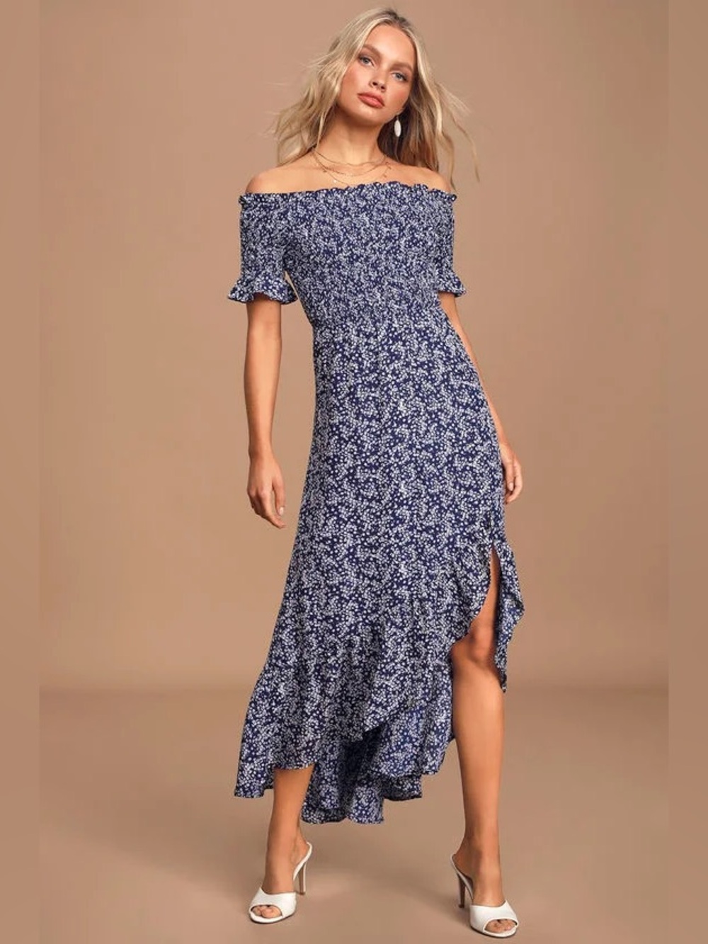 Lulus Off-Shoulder Navy Floral Midi Dress